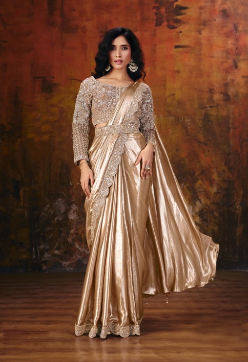 Mettalic Cream Embroidered Wedding Party Designer Saree